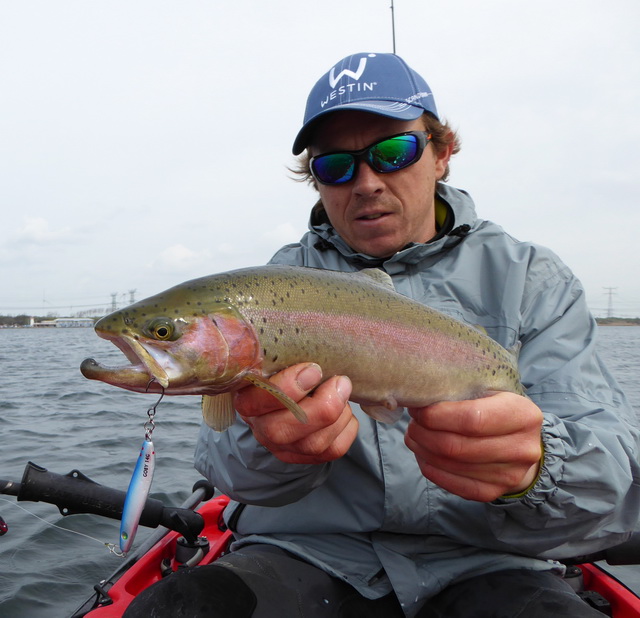 Prachtig gekleurde regenboogforel werpend gevangen op de ‘Goby’ van Westin.