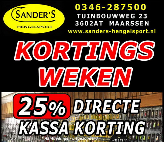 Kortingsweken bij Sanders Hengelsport Maarssen. 25% directe kassakorting op het hele assortiment.