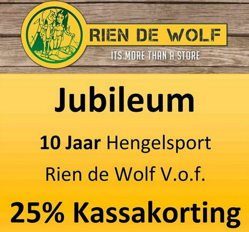 25% jubileum korting op alle hengelsport artikelen bij Rien de Wolf Hengelsport!