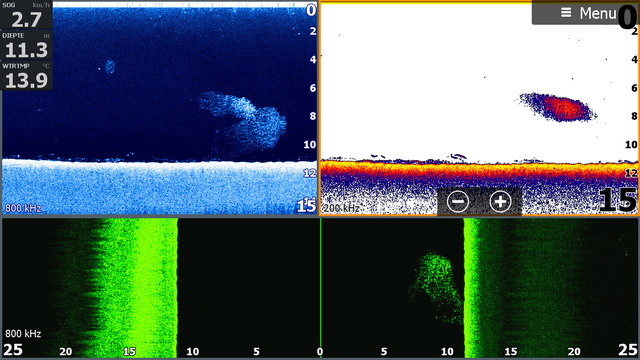  Screen shot van de Lowrance HDS 9 Carbon met een schooltje aasvis weergegeven op de normale fishfinder modus de downscan (blauw) en de sidescan (groen) waarop te zien is dat de aasvis zich aan de rechterzijde van de kajak bevind