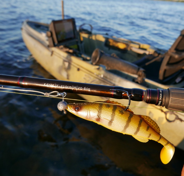 Voor softbaits van +/- 12 cm t/m 18 cm is dit een ideale hengel om deze werpend vanuit de kayak aan te bieden. Met hier de 12 cm ZanderTeez als voorbeeld. 