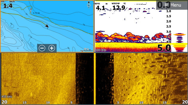 Vaak gebruik ik op mijn Lowrance HDS 9 Live een combinatie van 2D Sonar (+A scope) samen met de SideScan beelden en als 3e op het splitscreen een uitstekende waterkaart van Navionics.